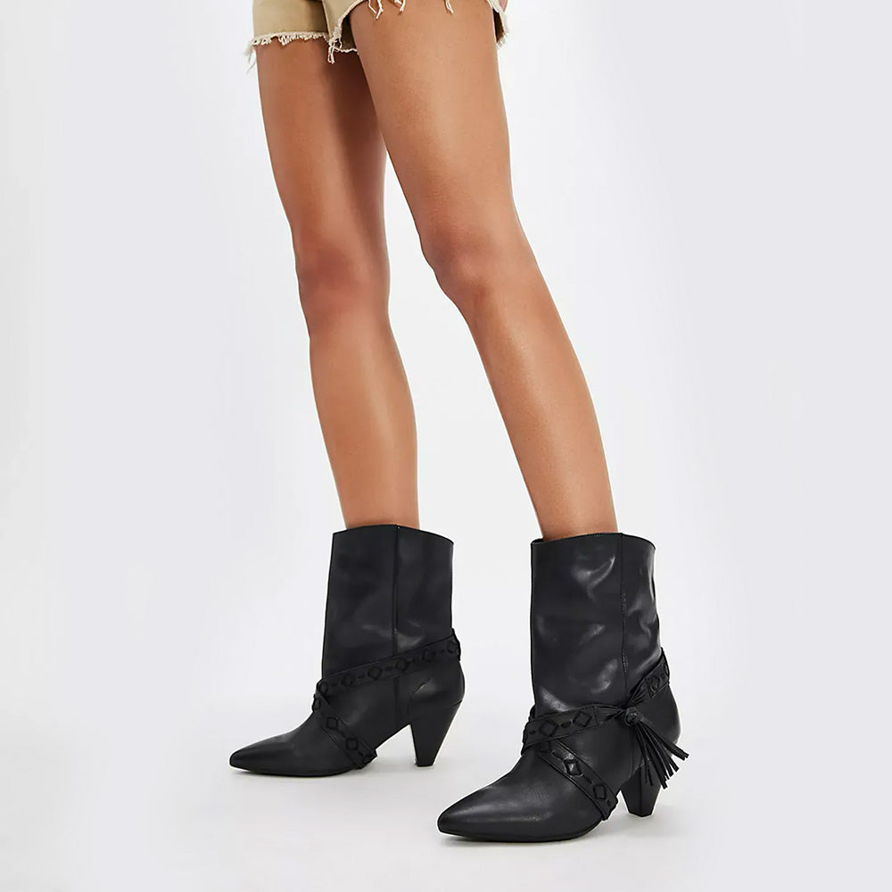 Black Pointed Toe Stitching Strap Western Ankle Boots for Women