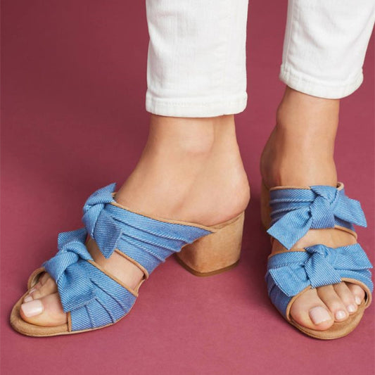 Blue Denim Open Toe Block Heel Bow Mules Sandals