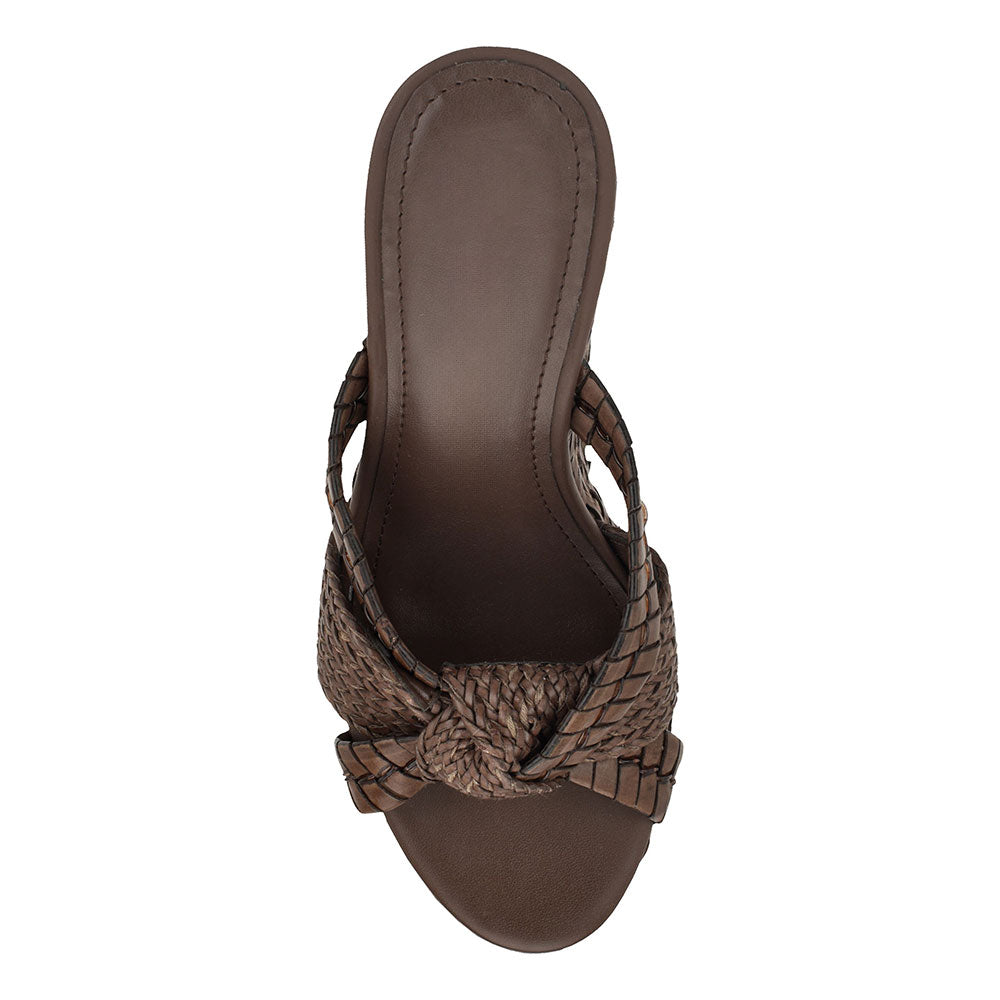 Brown Knot Open Round Toe Woven Wedge Heel Platform Slide Sandals