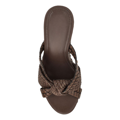 Brown Knot Open Round Toe Woven Wedge Heel Platform Slide Sandals