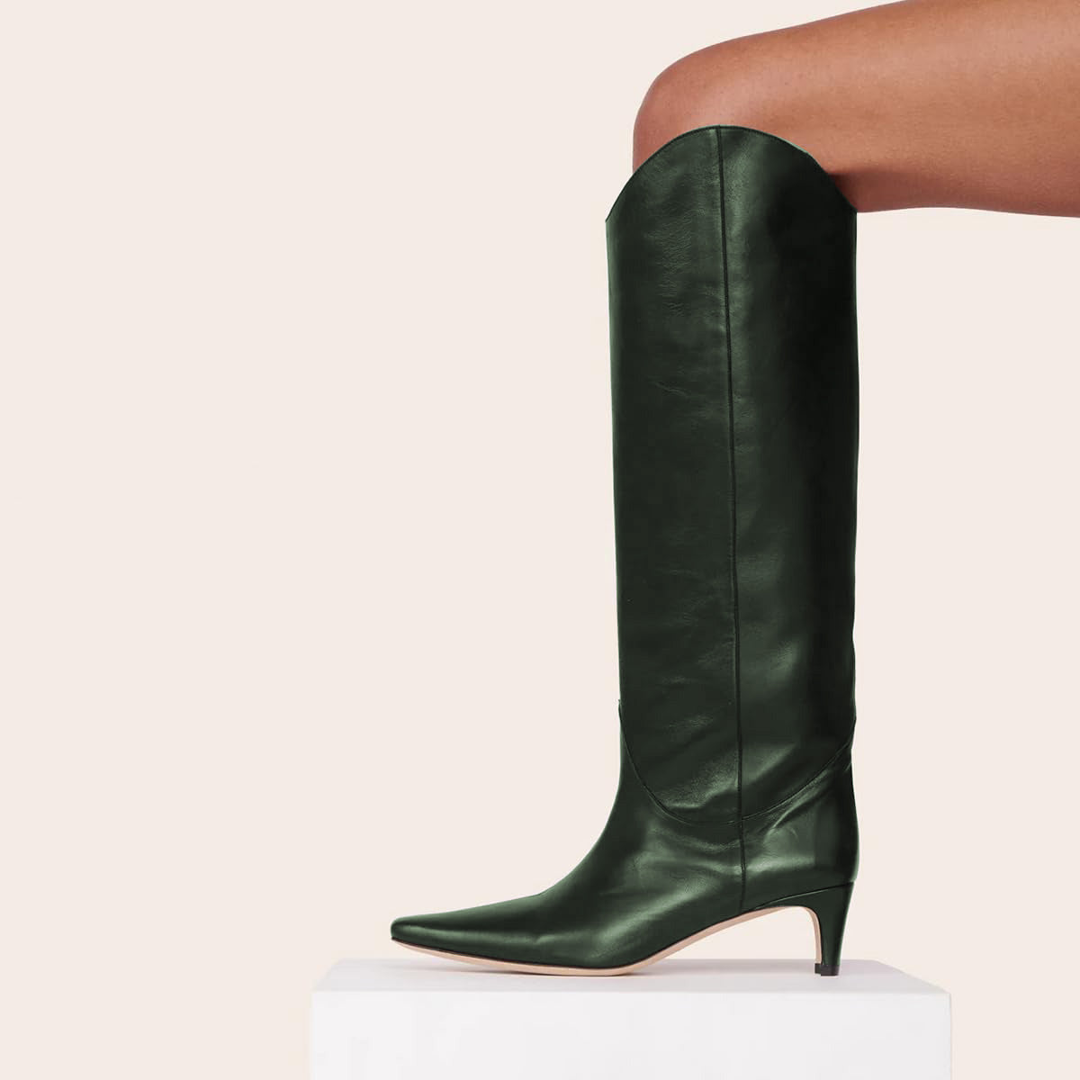 Dark Green Vegan Leather Knee High Boots for Women with Square Toe