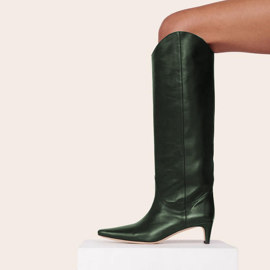 Dark Green Vegan Leather Knee High Boots for Women with Square Toe