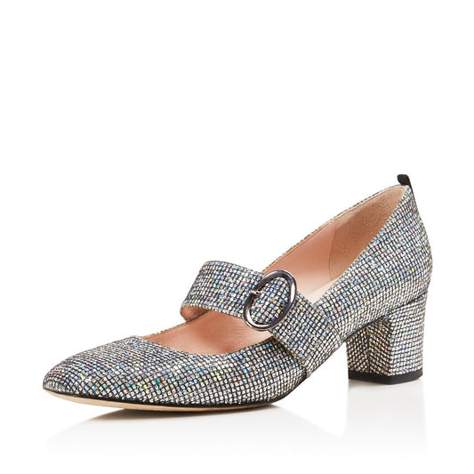 Women's Trendy Round Toe Glitter Buckle Block Heel Mary Jane Pumps