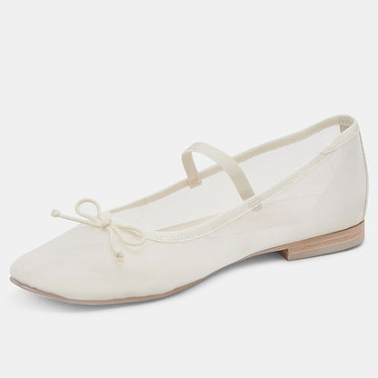 Ivory Mesh Bow Tie Slip-On Round Toe Ballet Flats with Straps