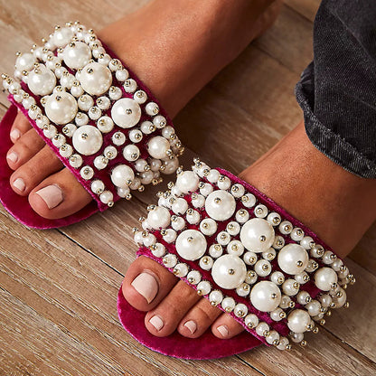 Fuchsia Open Toe Mules Sandals Women's Pearls Shoes Velvet Flats