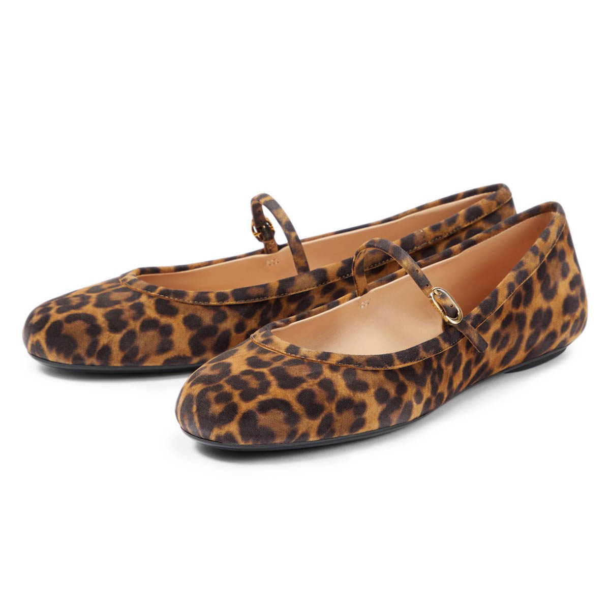 Women's Vegan Suede Round Toe Leopard Flats with Buckle Strap