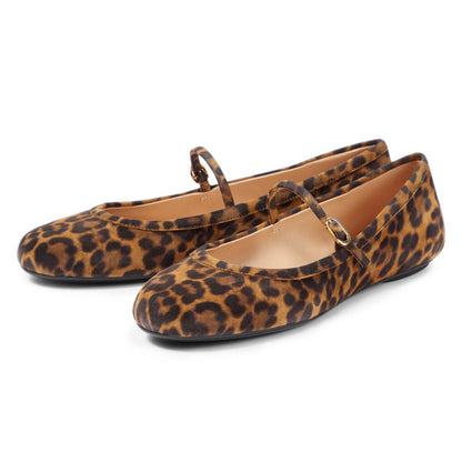 Women's Vegan Suede Round Toe Leopard Flats with Buckle Strap