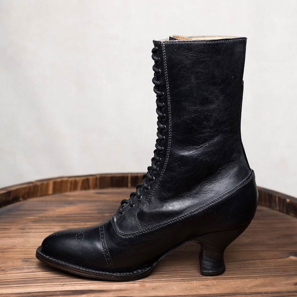 Vintage Lace-Up Almond Toe Spool Heel Mid Calf Boots in Black