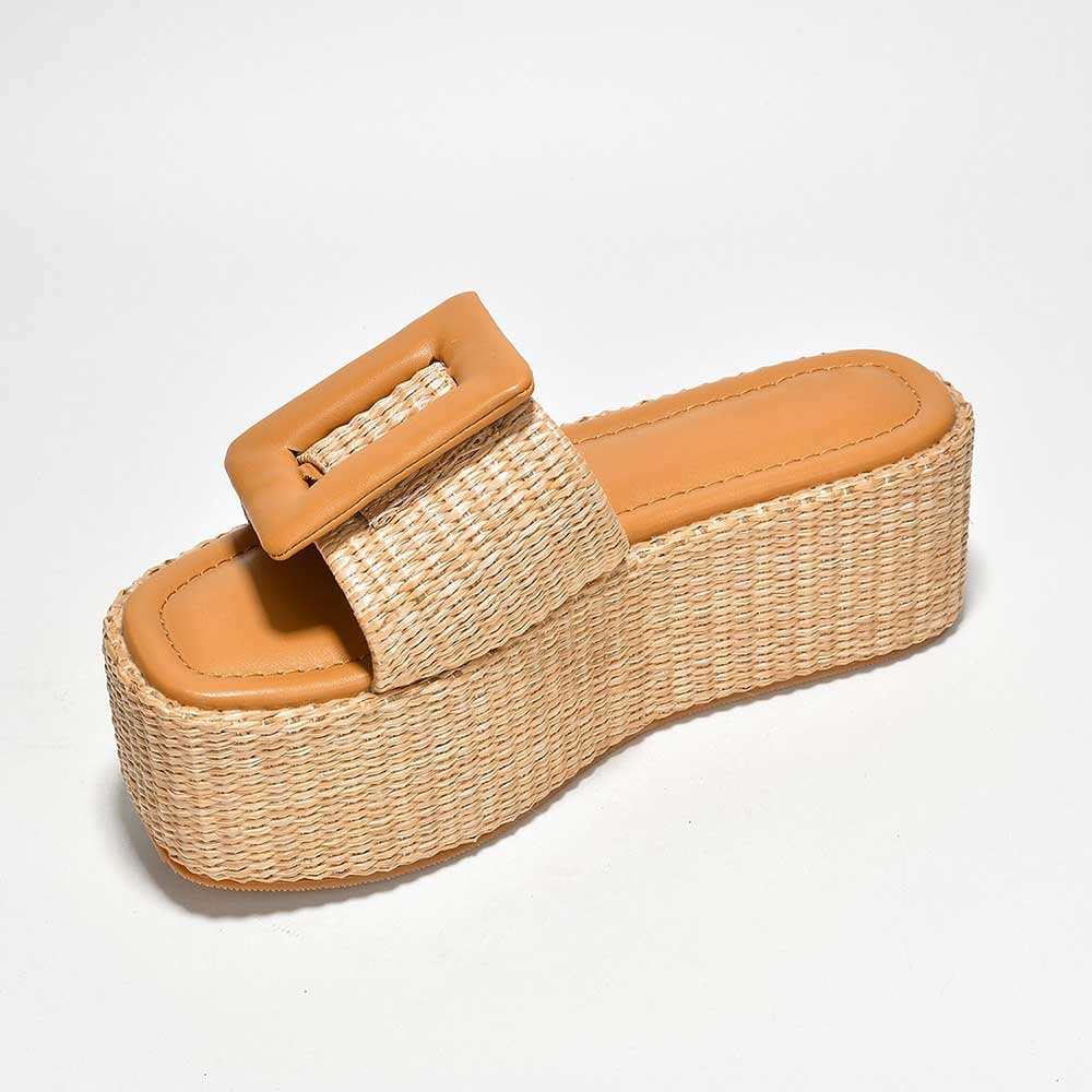 Nude Woven Platform Sandals Oversized Buckle Flat Slides Shoes