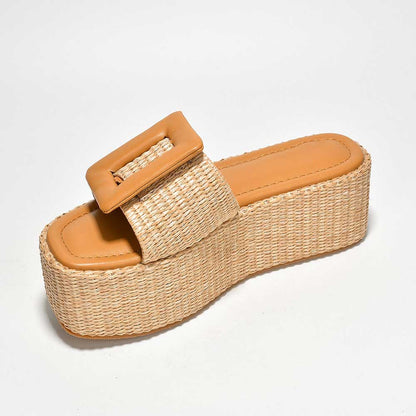Nude Woven Platform Sandals Oversized Buckle Flat Slides Shoes