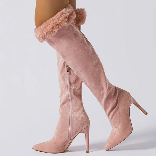 Cute Pointed Toe Faux Fur Trim Stiletto Heel Knee High Boots in Pink