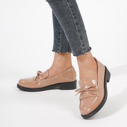 Beige Patent Leather Closed Toe Chunky Heel Formal Loafers