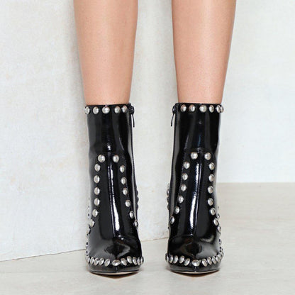 Black Patent Leather Closed Toe 4'' Chunky Heel Studded Ankle Boots