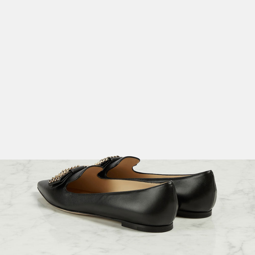 Black Slip-on Women's Shoes Pointed Toe Flats with Studded Bow