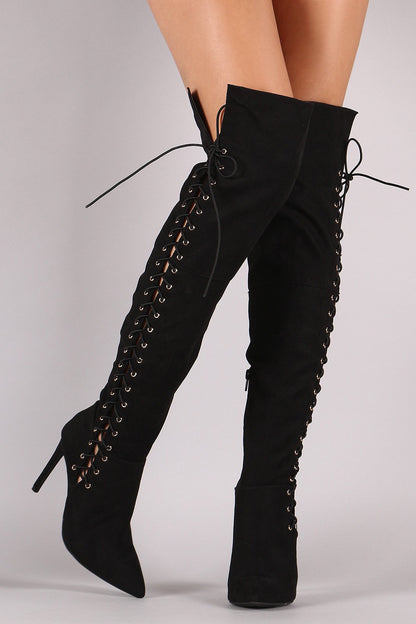 Black Vegan Suede Side Lace Up Stiletto Heel Over The Knee Boots