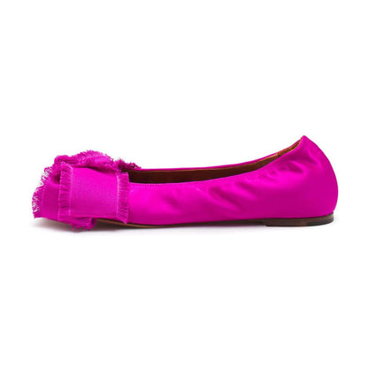 Fuchsia Satin Almond Toe Bow Decor Ballet Flats for Women