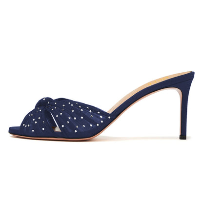 Women's Rhinestone Open Toe Stiletto Heel Navy Blue Mules Sandals