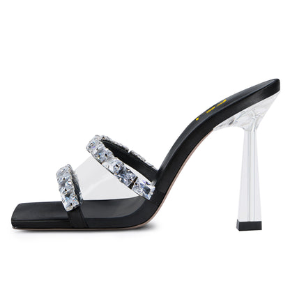 Black & Clear Square Toe Crystal Embellished Heeled Mules Sandals