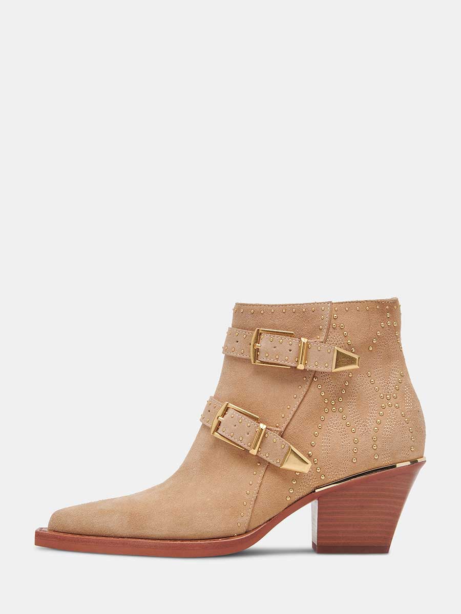 Brown Faux Suede Snip Toe Side-Zip Cowgirl Ankle Boots With Chunky Heels