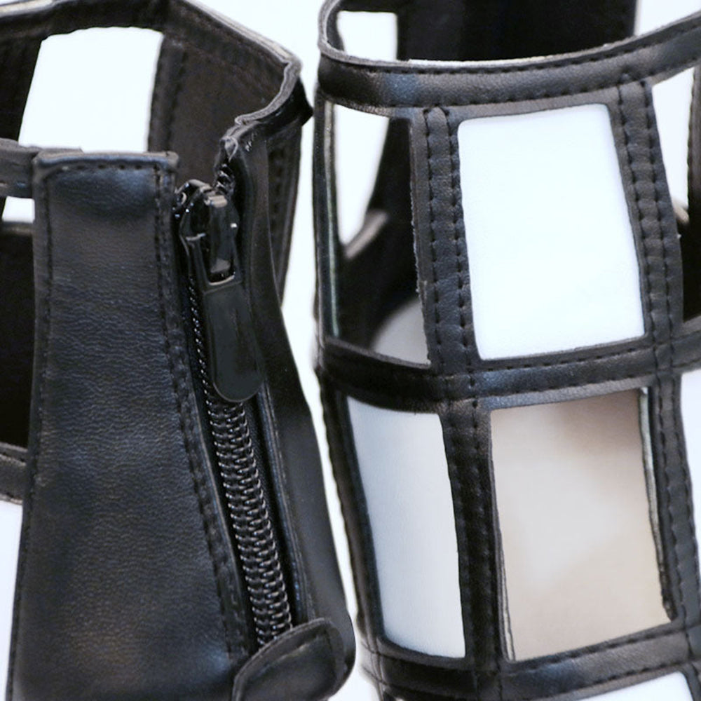 Black & White Plaid Peep Toe 3'' Stiletto Heel Cut-Out Ankle Boots