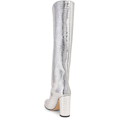Silver Chunky Heel Croco Embossed Pointed Toe Knee High Boots