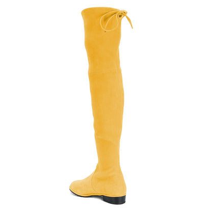Yellow Vegan Suede Round Toe Chunky Heels Flat Over-The-Knee Boots