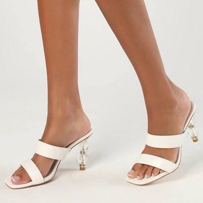 White Square Toe Double Strap Clear Sculptural Heel Mules Sandals