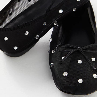 Black Mesh Round Toe Embellished Shiny Ballet Flats