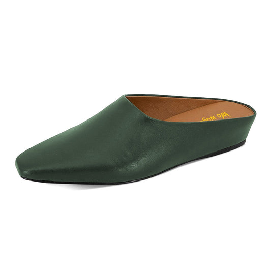 Vegan Leather Wedge Heel Square Toe Simple Mules Shoes in Green