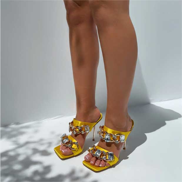 Women's Yellow Satin Square Toe Rhinestone Heeled Mules