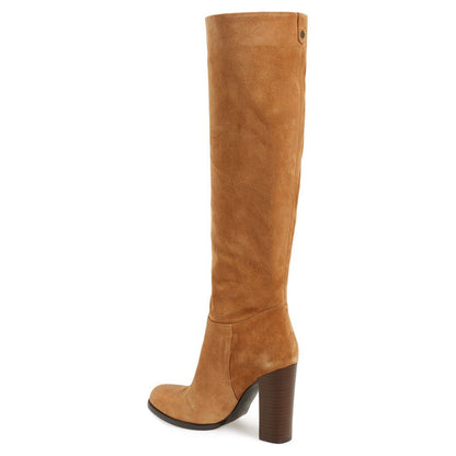 Tan Vegan Suede Round Toe Knee High Boots with Chunky Heels
