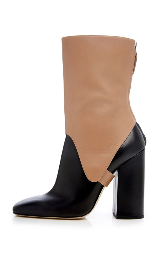 Black and Tan Saddle Style Mid Calf Boots with Block Heels