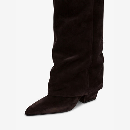 Dark Brown Pointed Toe Block Heel Fold Over Knee High Boots