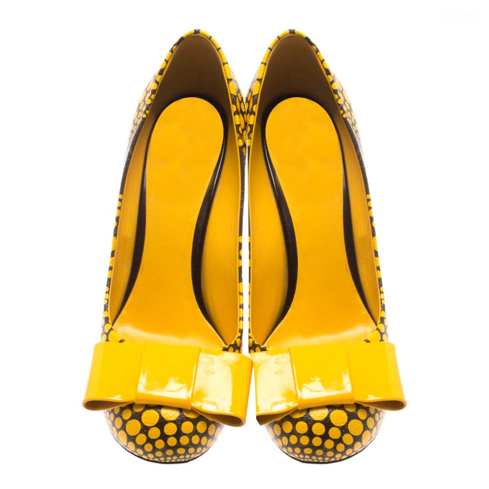 Yellow Dot  Pumps With Bow Knot Chunky Heel Pumps