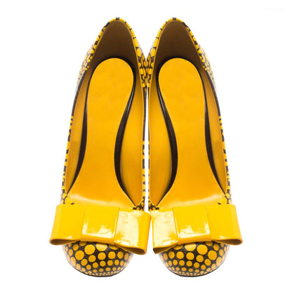 Yellow Dot  Pumps With Bow Knot Chunky Heel Pumps