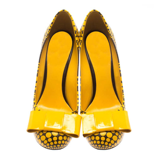 Yellow Dot  Pumps With Bow Knot Chunky Heel Pumps