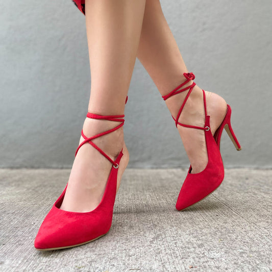 Women's Red Pointed Toe Wrapped Strappy Office Pumps Heels