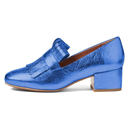Blue Square Toe Fringe Decor Block Heel Women's Loafers