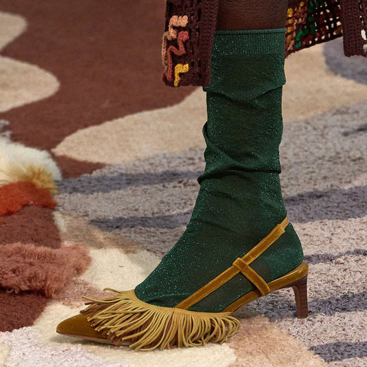 Yellow Pointed Toe Velvet Kitten Heels Fringe Slingback Pumps