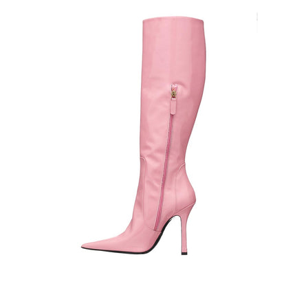 Pink Patent Pointed Toe Stiletto Heel Knee High Boots with Zipper