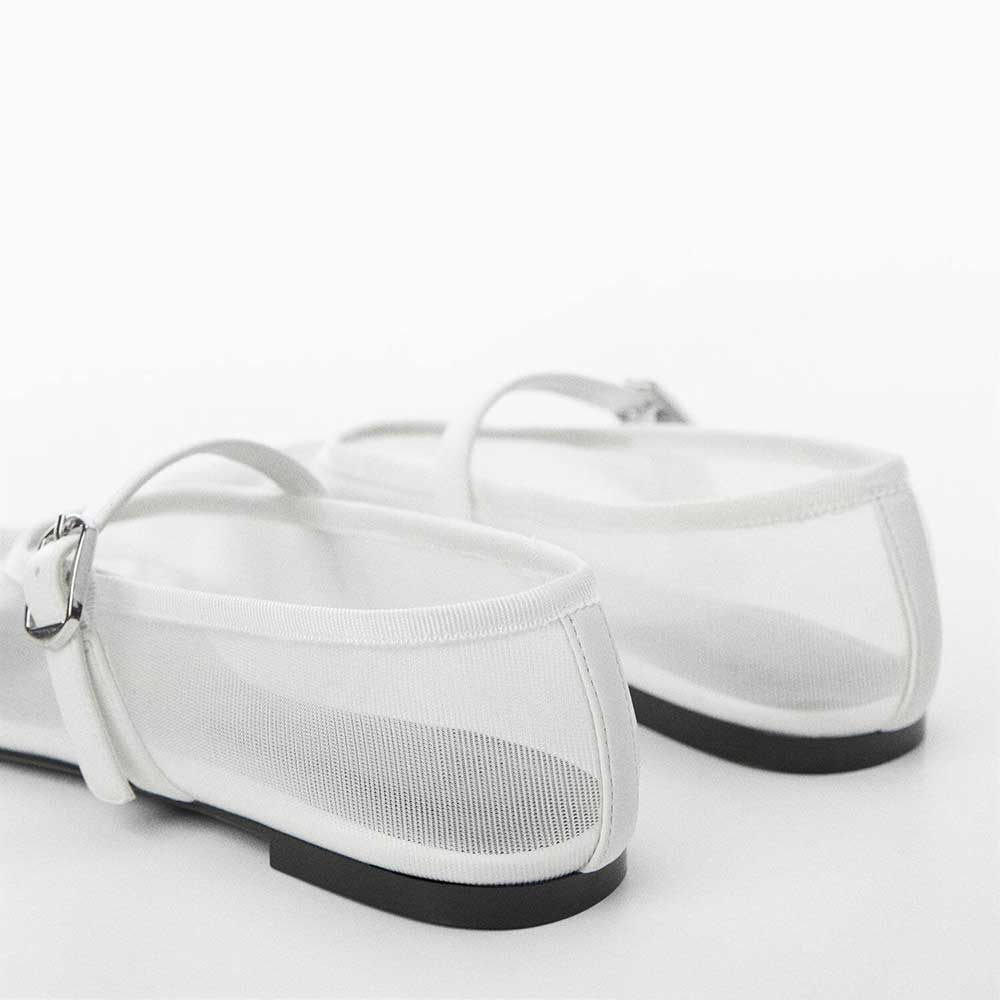 Women's White Mesh Sophisticated Buckle Strap Comfy Ballet Flats