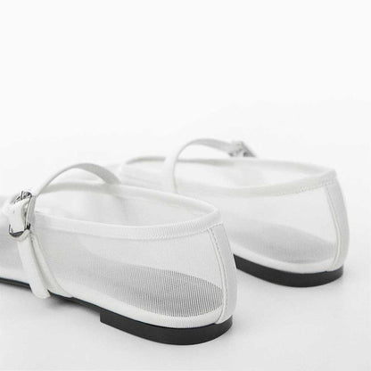 Women's White Mesh Sophisticated Buckle Strap Comfy Ballet Flats
