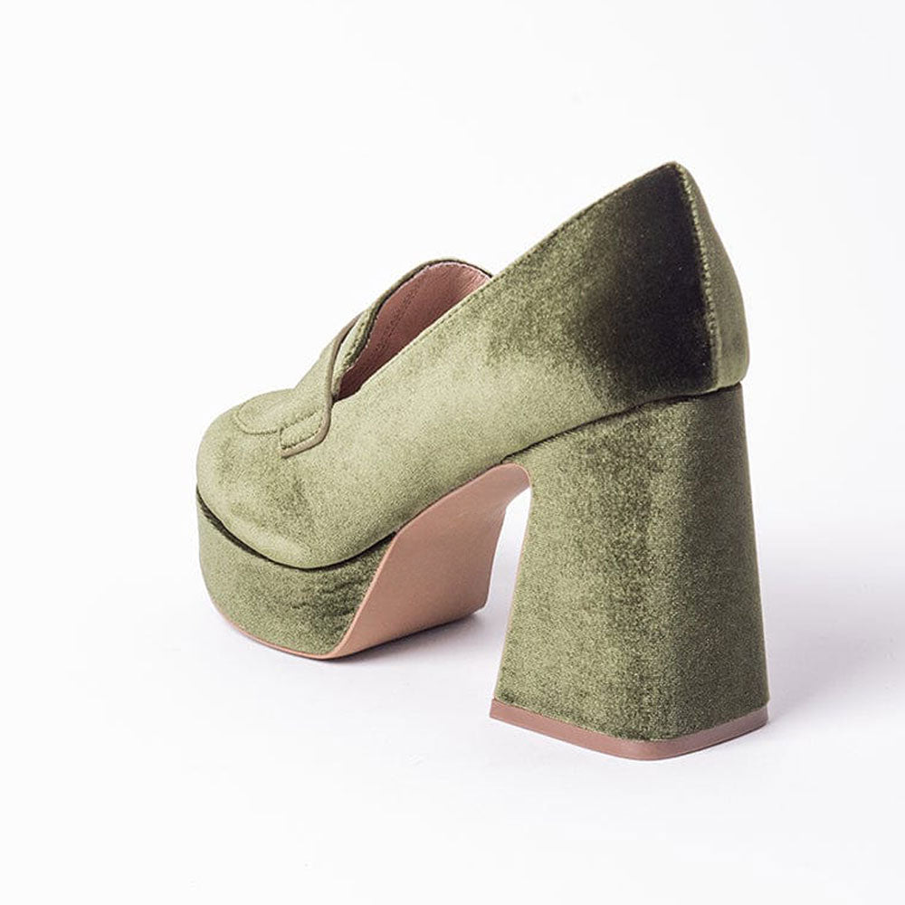 FSJ Olive Velvet Round Toe Block Heeled Loafers with Platform
