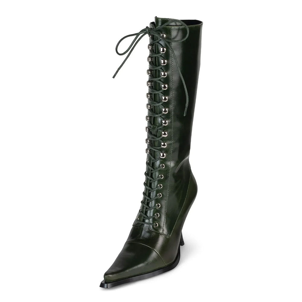 Dark Green Pointed Toe Tie-Up Spool Heel Zipper Mid Calf Boots