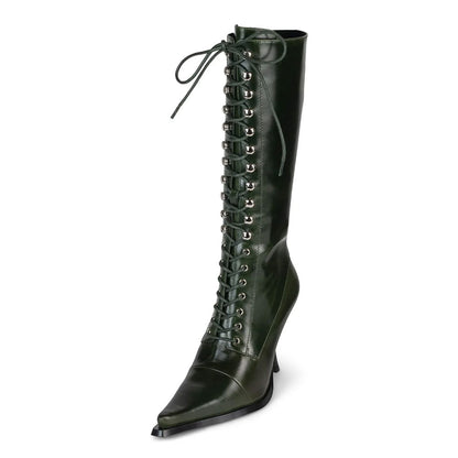 Dark Green Pointed Toe Tie-Up Spool Heel Zipper Mid Calf Boots