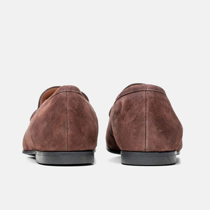 Brown Faux Suede Round Toe Formal Flat Loafers with Chain