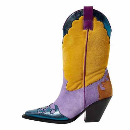 Yellow & Purple Patchwork Pointed Toe Cowgirl Boots with Chunky Heel