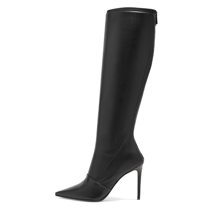 Black Pointed Toe Stiletto Heel Rear Zip Closure Knee High Boots