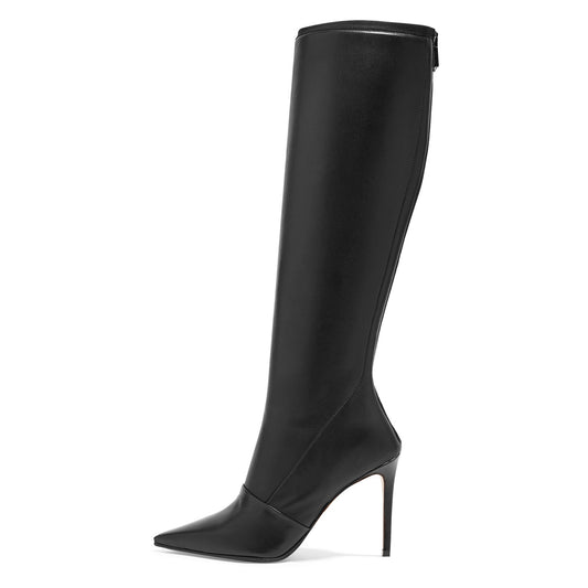 Black Pointed Toe Stiletto Heel Rear Zip Closure Knee High Boots