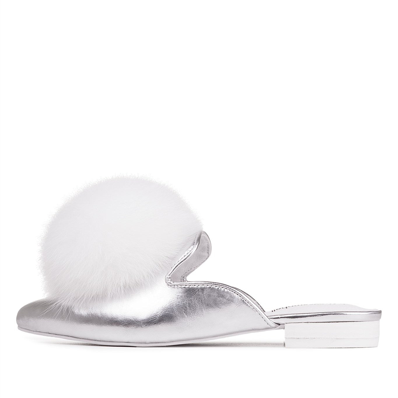 Women's Metallic Silver Pom Mule Loafers Comfortable Flats